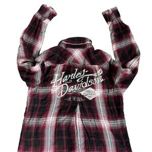 Harley Davidson red, black, and white plaid flannel shirt size M
